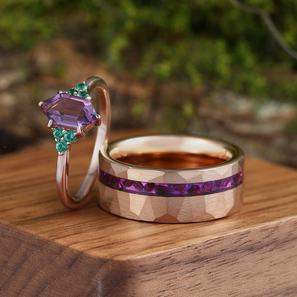 Skye Natural Amethyst Couples Ring Set His and Hers Wedding Band Rose Gold Matching Nature Couples Promise Ring - Esdomera