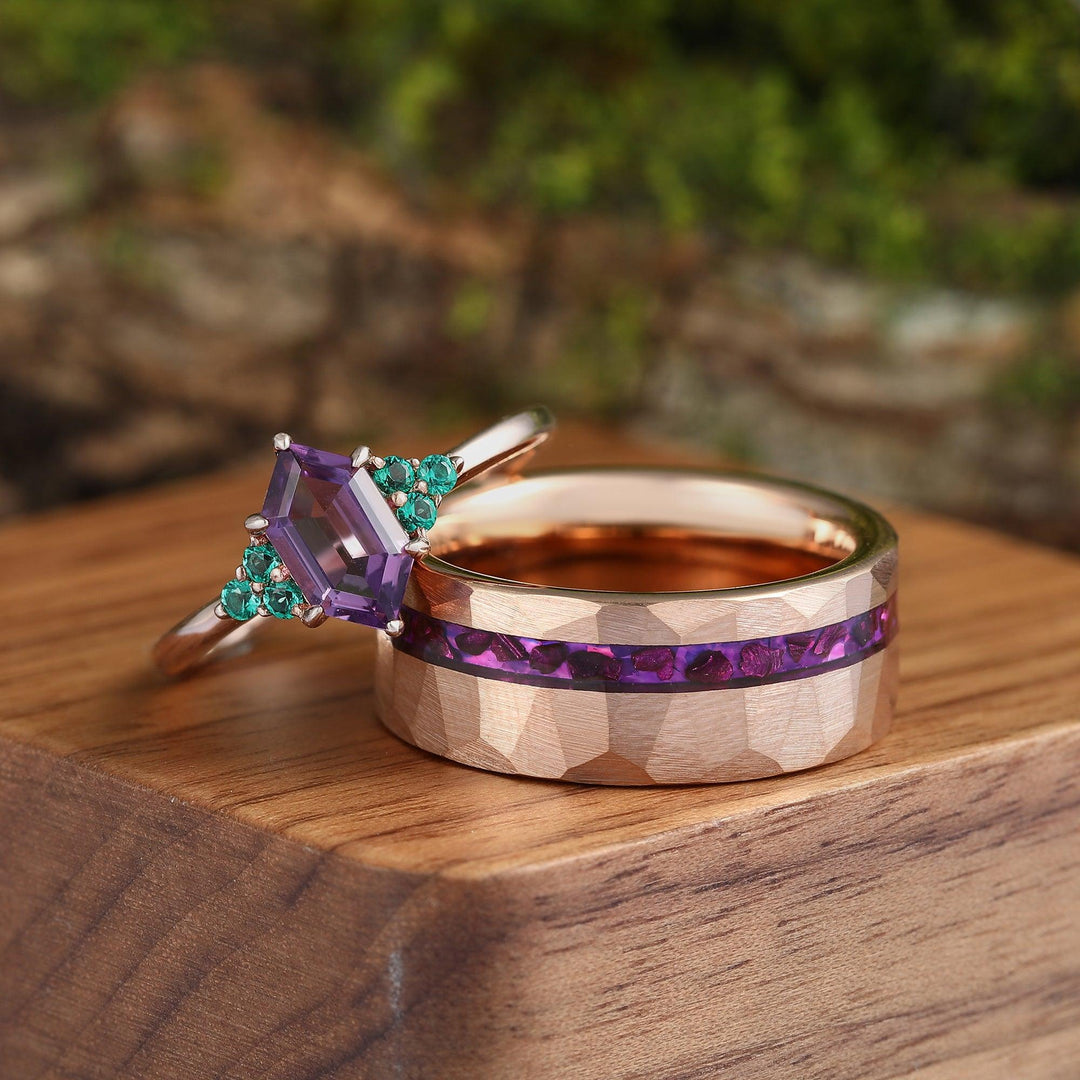Skye Natural Amethyst Couples Ring Set His and Hers Wedding Band Rose Gold Matching Nature Couples Promise Ring - Esdomera
