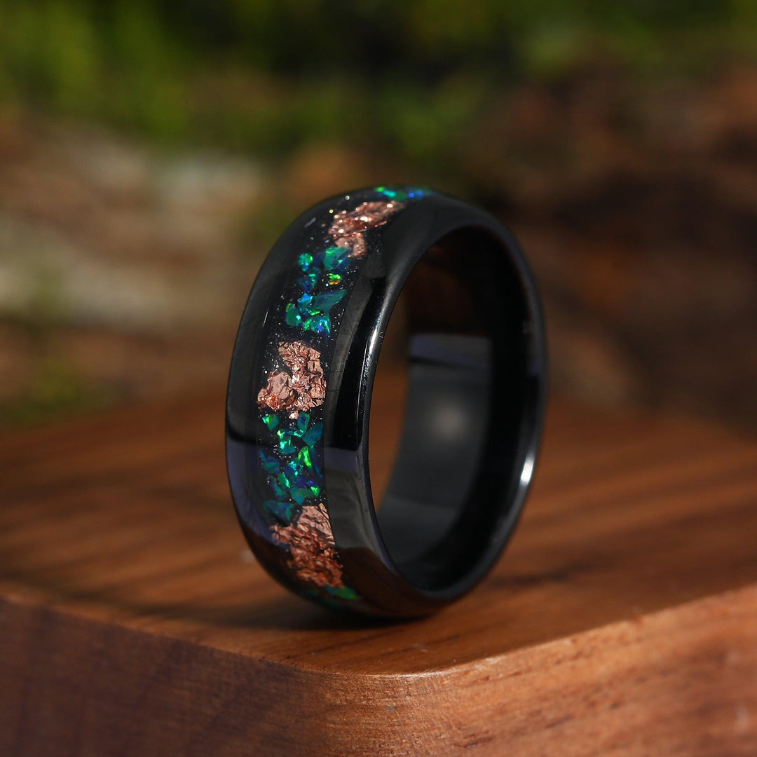 Skye Peacock Opal His and Hers Matching Wedding Band Peacock Teal Rose Gold Vermeil & Tungsten Unique Promise Ring - Esdomera