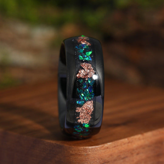 Skye Peacock Opal His and Hers Matching Wedding Band Peacock Teal Rose Gold Vermeil & Tungsten Unique Promise Ring - Esdomera