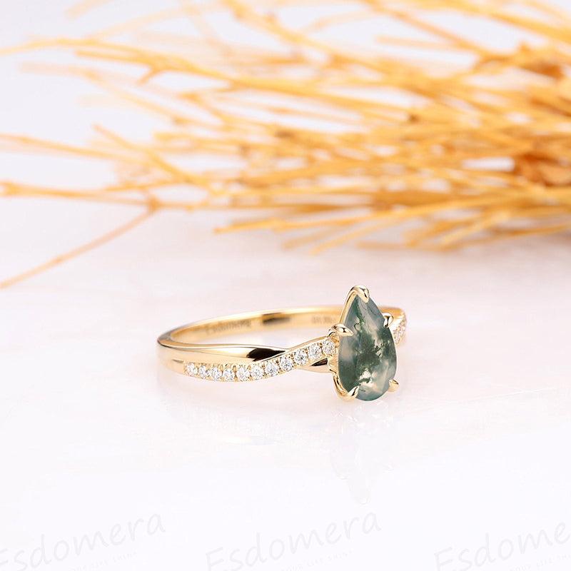 Solid 14K Gold 1CT Pear Cut Natural Moss Agate Half Twist Band Art Deco Women's Promise Ring - Esdomera