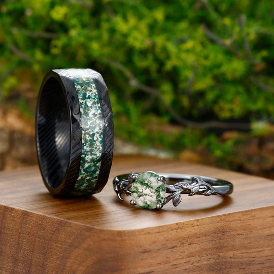 Solitaire 0.8CT Round Cut Moss Agate Couples Ring Set Silver And Damascus Steel Matching Ring - Esdomera