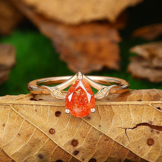 Solitaire 1.3 CT Pear Shaped Natural Orange Sunstone Leaf Design Ring - Esdomera