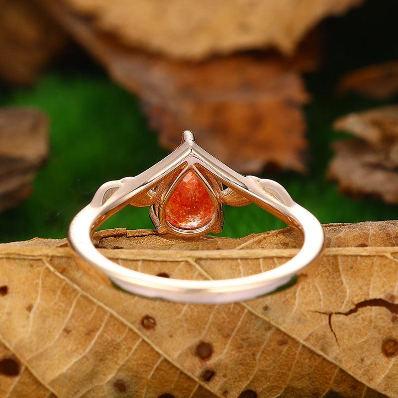 Solitaire 1.3 CT Pear Shaped Natural Orange Sunstone Leaf Design Ring - Esdomera