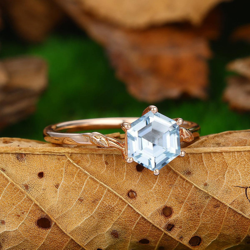 Solitaire 1.35CT Hexagon Cut Leaf Aquamarine Ring Anniversary Bridal Ring Gift - Esdomera