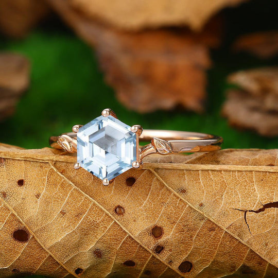 Solitaire 1.35CT Hexagon Cut Leaf Aquamarine Ring Anniversary Bridal Ring Gift - Esdomera