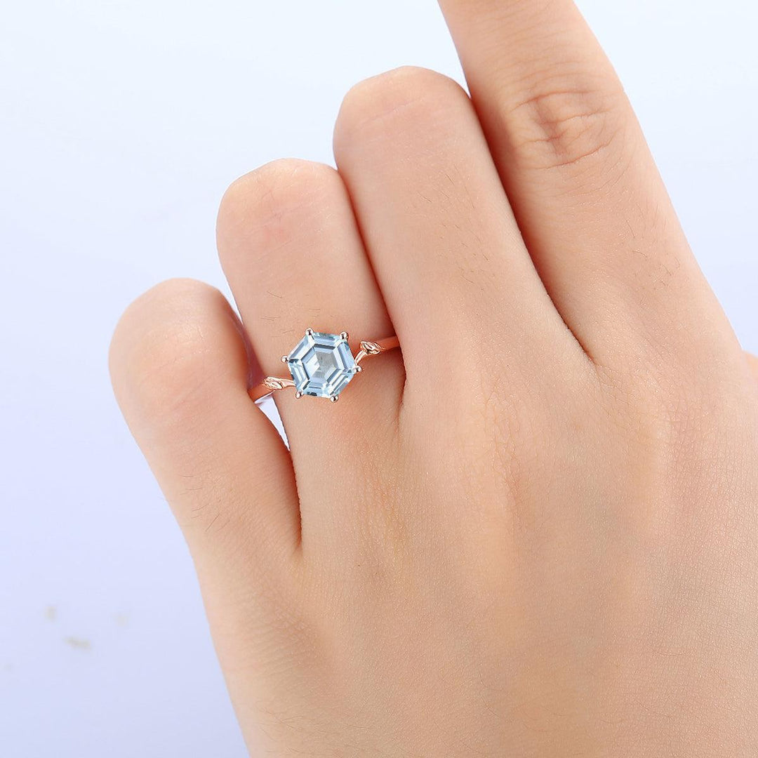 Solitaire 1.35CT Hexagon Cut Leaf Aquamarine Ring Anniversary Bridal Ring Gift - Esdomera