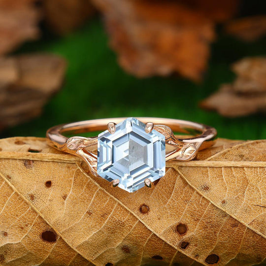 Solitaire 2.2CT Hexagon Cut Leaf Aquamarine Ring Women Fine Ring - Esdomera