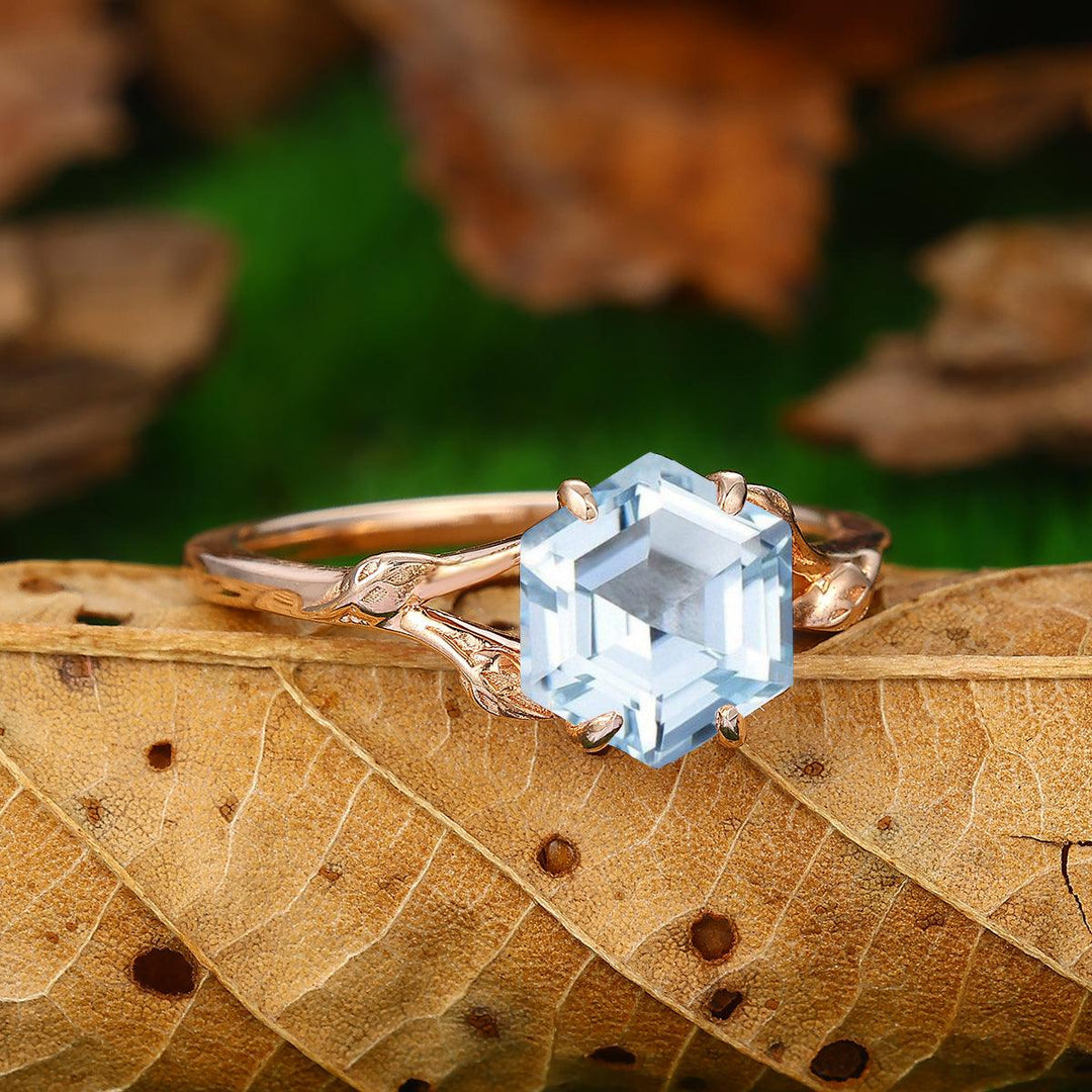 Solitaire 2.2CT Hexagon Cut Leaf Aquamarine Ring Women Fine Ring - Esdomera