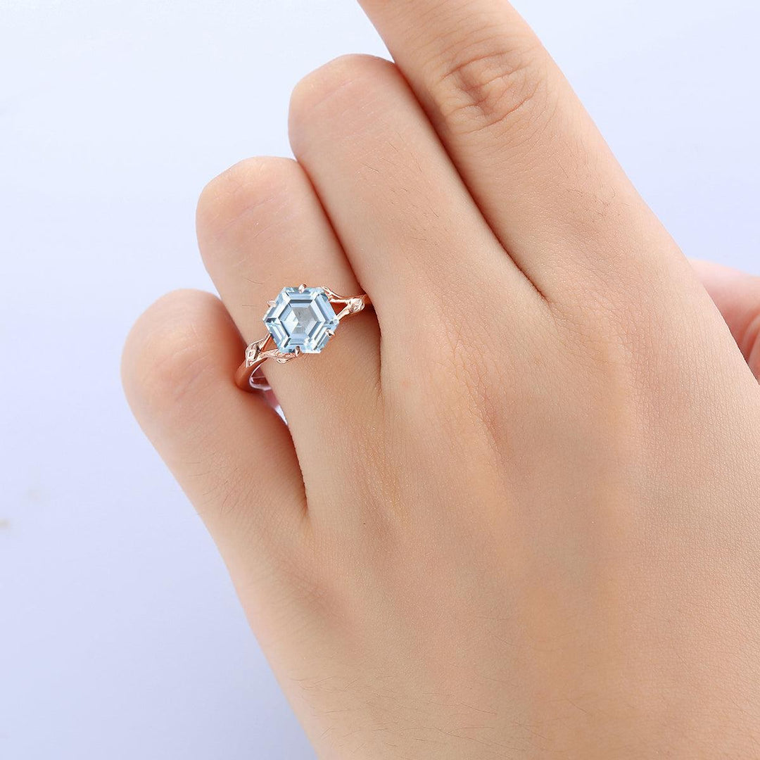 Solitaire 2.2CT Hexagon Cut Leaf Aquamarine Ring Women Fine Ring - Esdomera