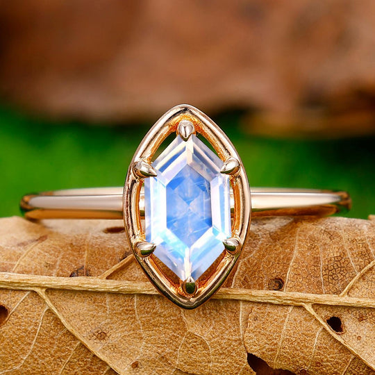 Solitaire 6 Prongs 1.1CT Long Hexagon Cut Moonstone Ring Promise Bridal Ring - Esdomera