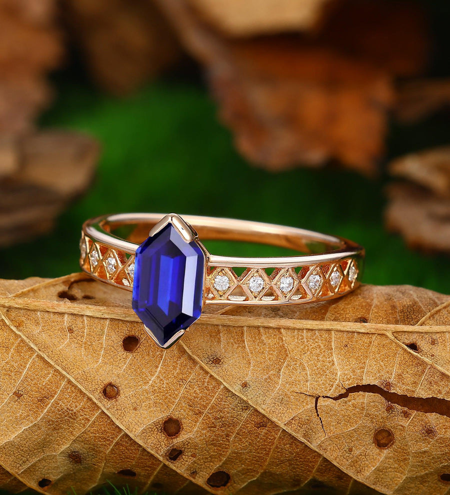 Solitaire Blue Sapphire Solid 14k Rose Gold Engagement Ring - Esdomera