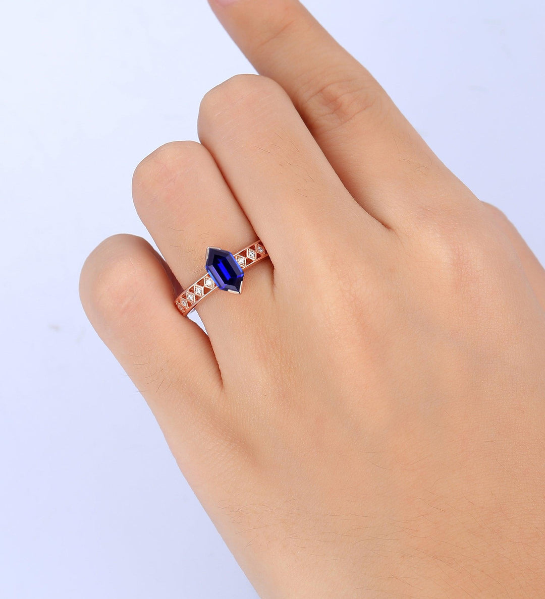 Solitaire Blue Sapphire Solid 14k Rose Gold Engagement Ring - Esdomera