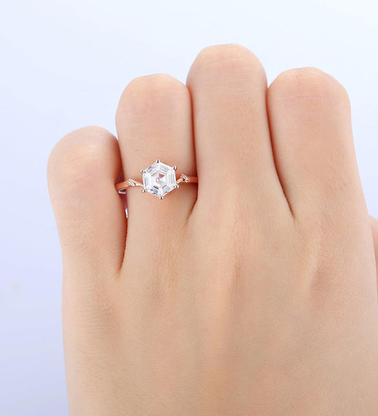 Solitaire Hexagon Cut  1.35CT Moissanite  Rose Gold  Nature Inspired Leaf Shaped  Engagement Ring