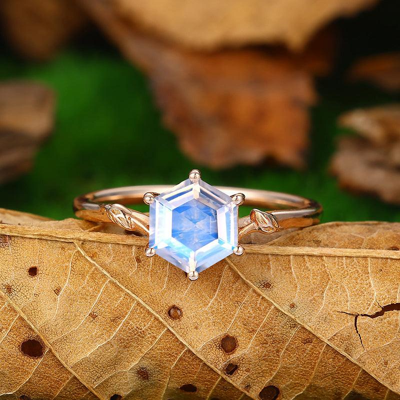 Solitaire Hexagon Cut Blue Moonstone Leaf Vine Gold Bridal Ring - Esdomera