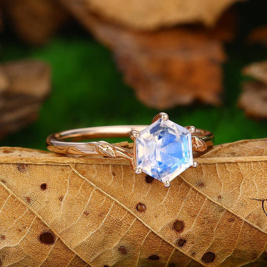 Solitaire Hexagon Cut Blue Moonstone Leaf Vine Gold Bridal Ring - Esdomera