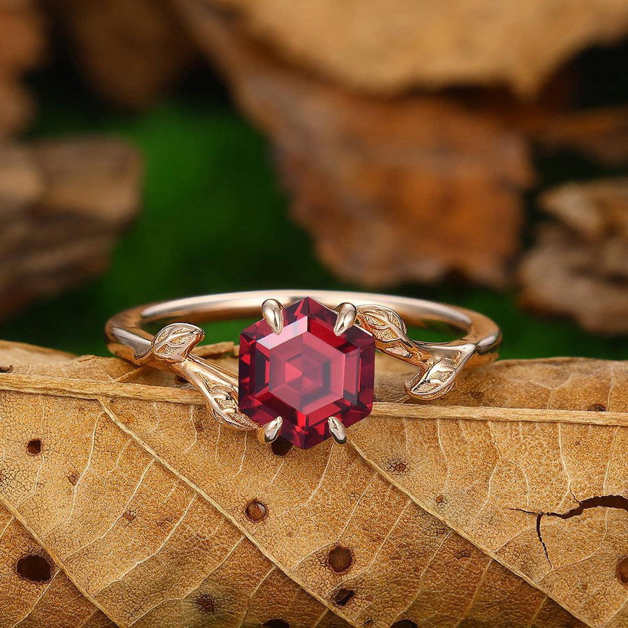 Solitaire Leaf Branch Hexagon Cut Natural Red Garnet 925 Silver Engagement Ring - Esdomera
