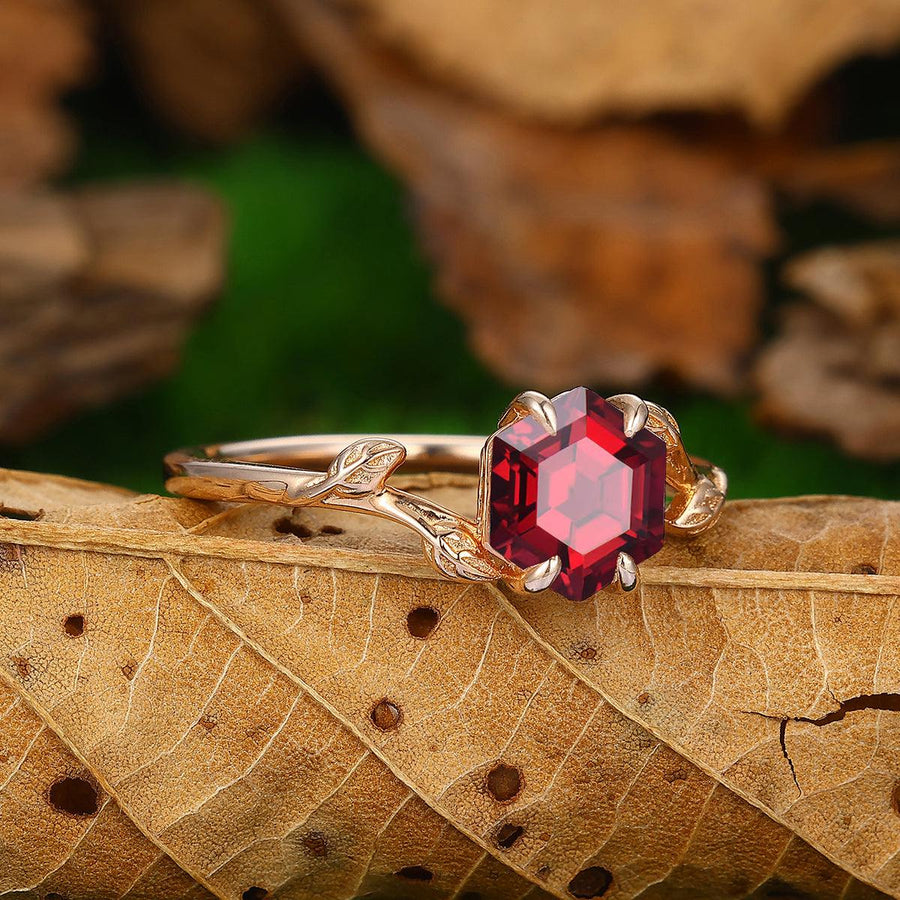 Solitaire Leaf Branch Hexagon Cut Natural Red Garnet 925 Silver Engagement Ring - Esdomera
