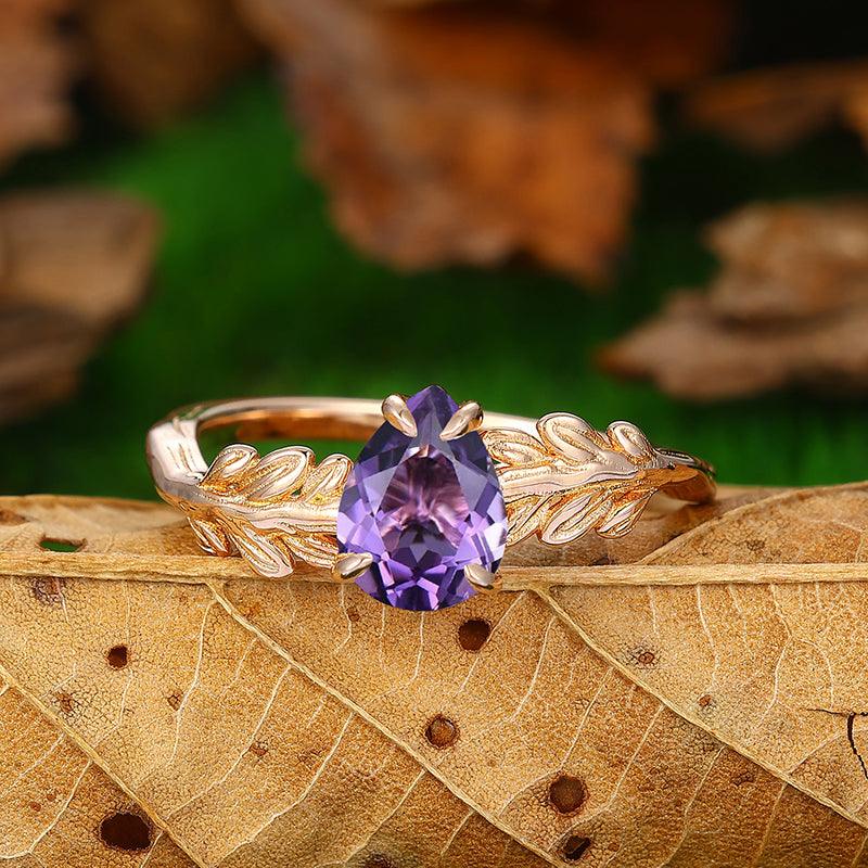 Solitaire Natural Amethyst pear Cut 14k Rose Gold Natural Leaf Ring - Esdomera