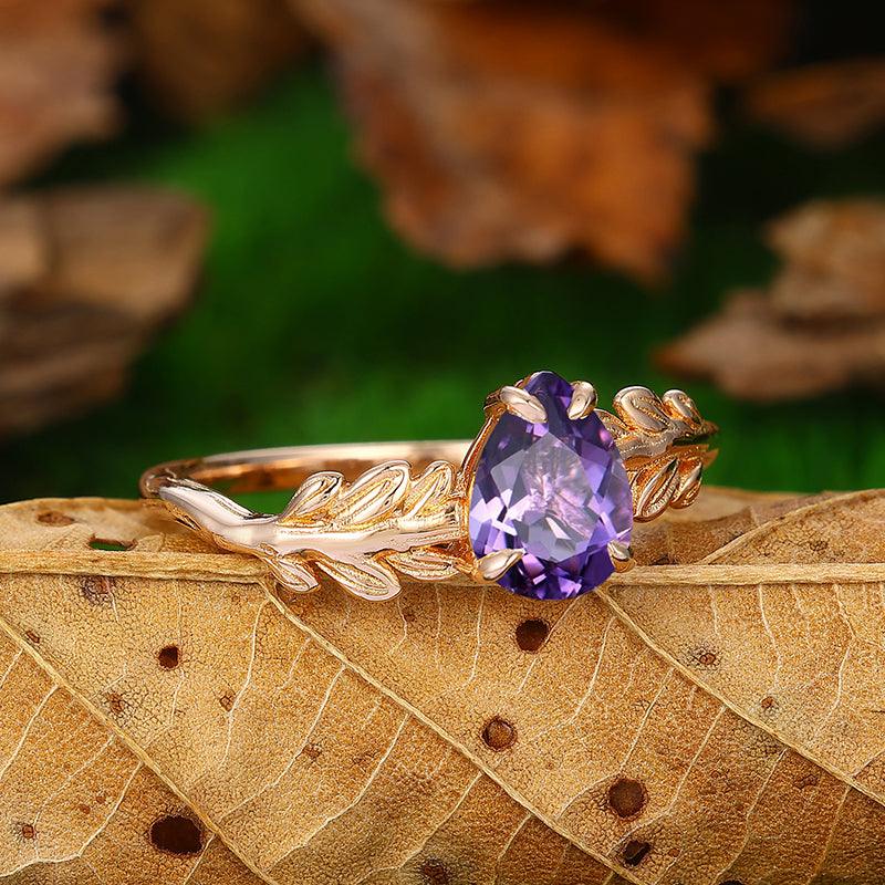 Solitaire Natural Amethyst pear Cut 14k Rose Gold Natural Leaf Ring - Esdomera