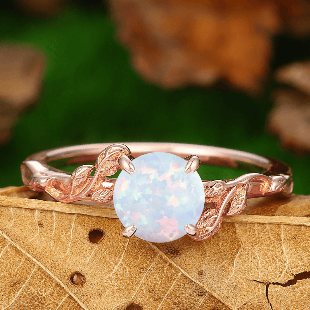 Solitaire Pink White Opal Leaf For Men For Women Promise Couples Ring Set His and Hers Wedding Rings - Esdomera