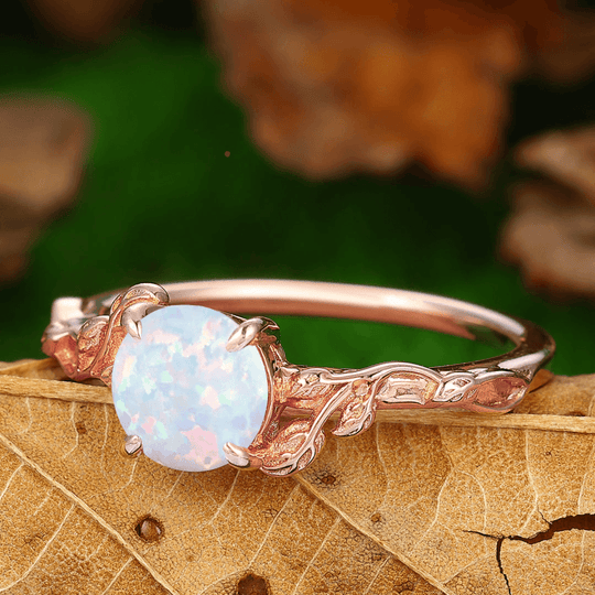 Solitaire Pink White Opal Leaf For Men For Women Promise Couples Ring Set His and Hers Wedding Rings - Esdomera