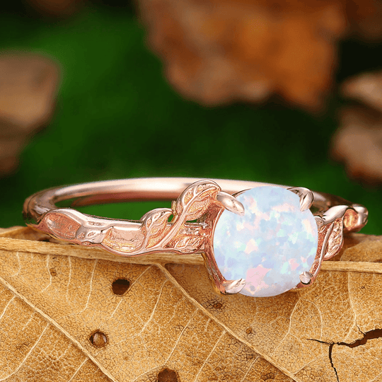 Solitaire Pink White Opal Leaf For Men For Women Promise Couples Ring Set His and Hers Wedding Rings - Esdomera