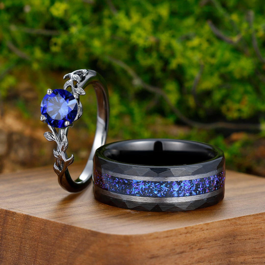 Solitaire Round Blue Sapphire Engagement His and Hers Wedding Band Promise Leaf Matching Couple Rings - Esdomera