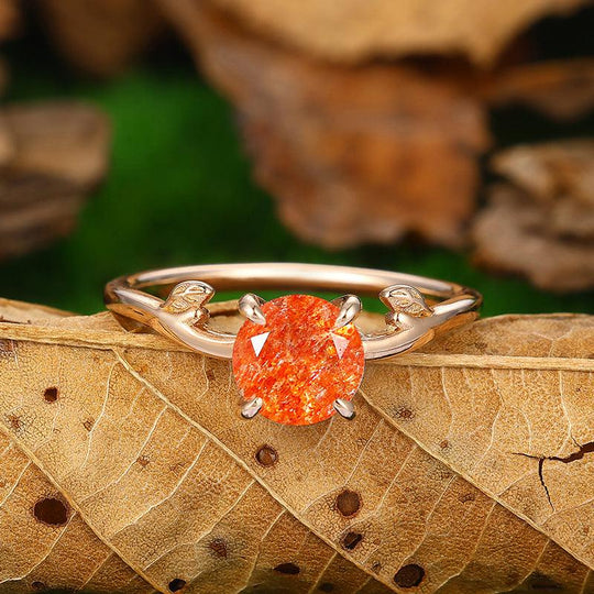 Solitaire Round Shaped Natural Sunstone Art Deco Engagement Ring - Esdomera