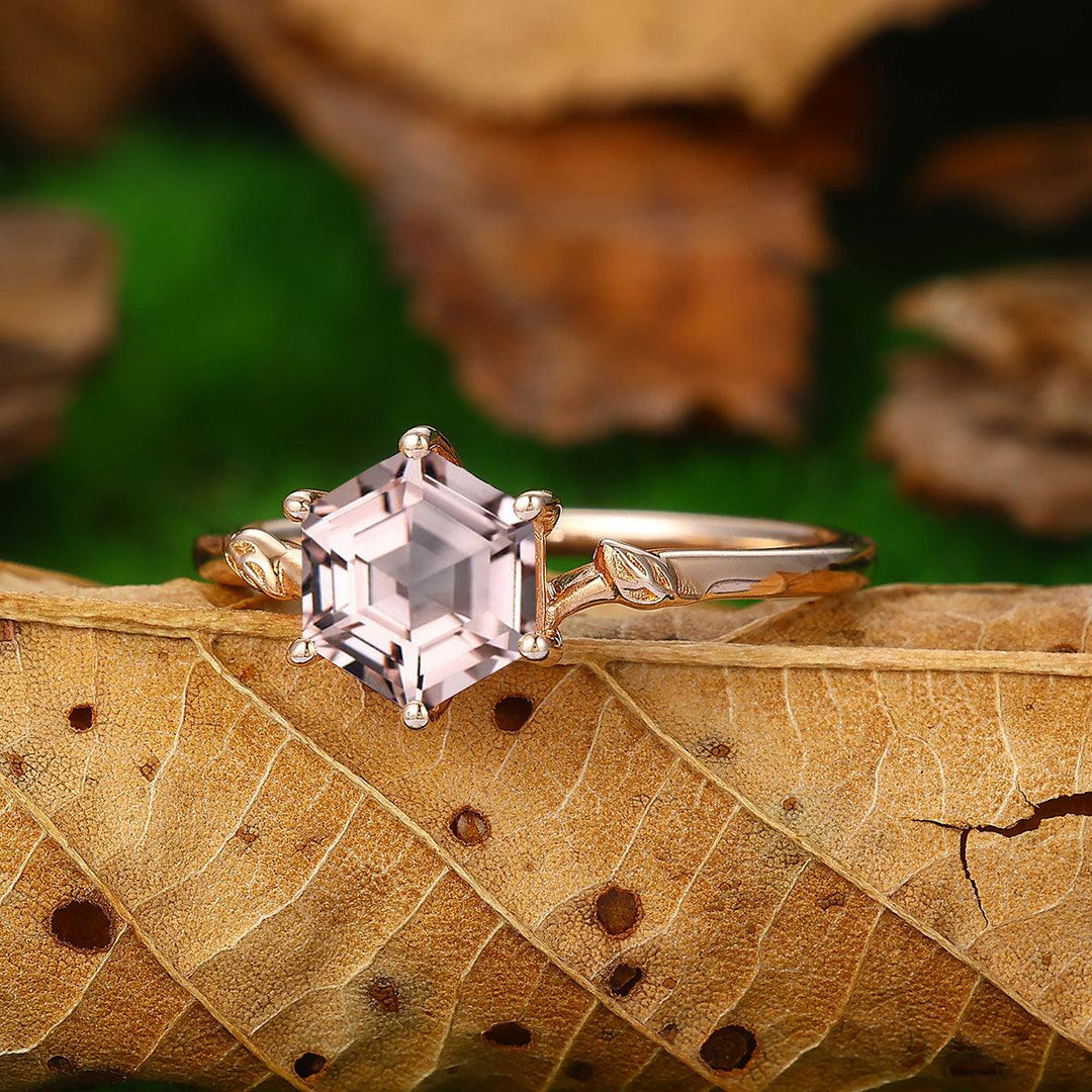 Solitaire Twig 1.35 CT Hexagon Cut Natural Pink Morganite Promise Ring - Esdomera