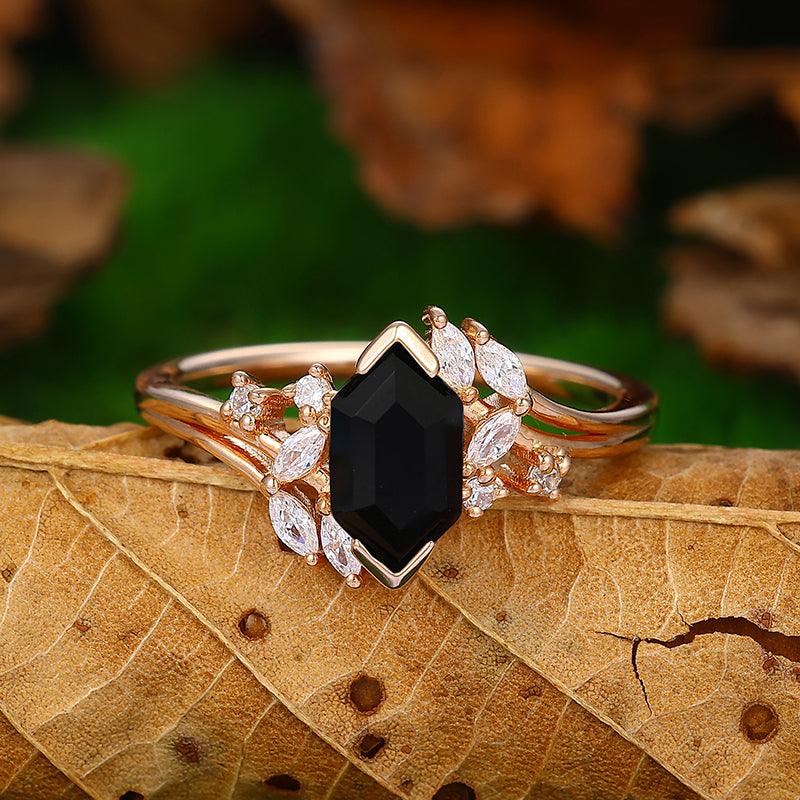 Split Shank 1.1 CT Hexagon Cut Black Onyx Gold Marquise Diamond Cluster Ring - Esdomera
