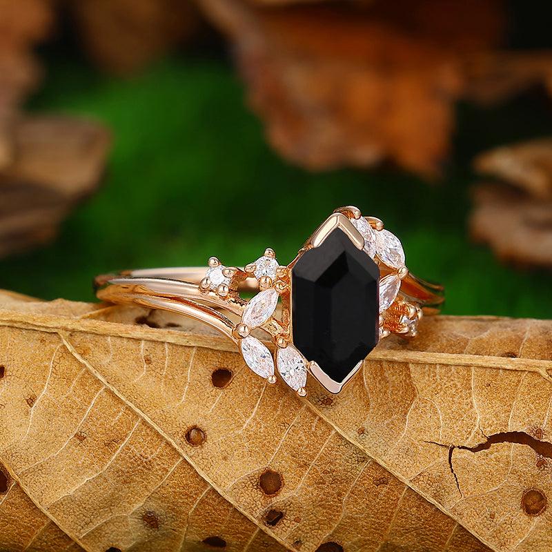 Split Shank 1.1 CT Hexagon Cut Black Onyx Gold Marquise Diamond Cluster Ring - Esdomera
