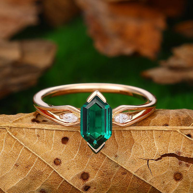 Split Shank 1.1 CT Long Hexagon Cut 18k Gold Emerald Engagement Ring - Esdomera
