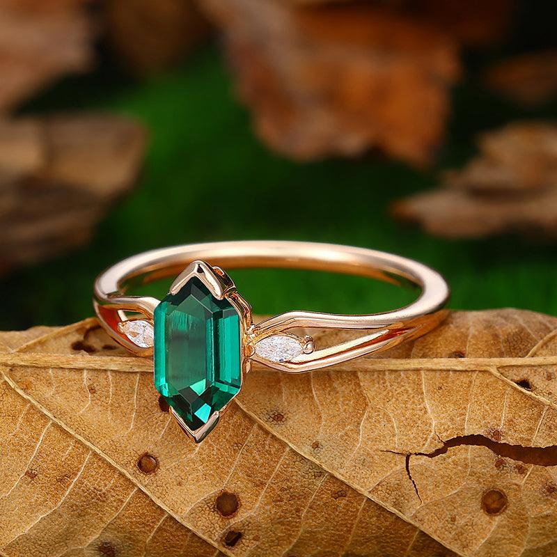 Split Shank 1.1 CT Long Hexagon Cut 18k Gold Emerald Engagement Ring - Esdomera