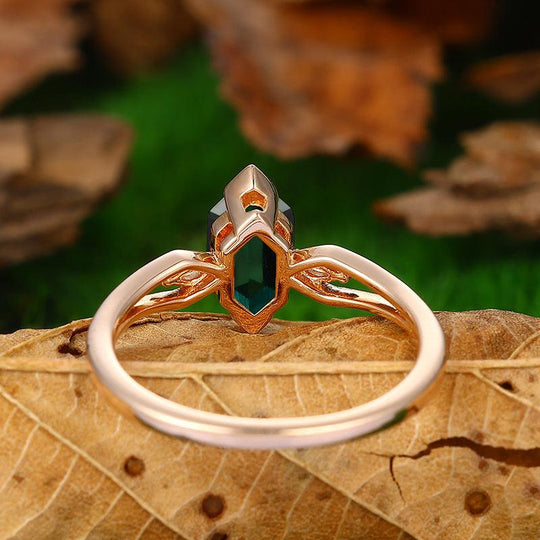 Split Shank 1.1 CT Long Hexagon Cut 18k Gold Emerald Engagement Ring - Esdomera