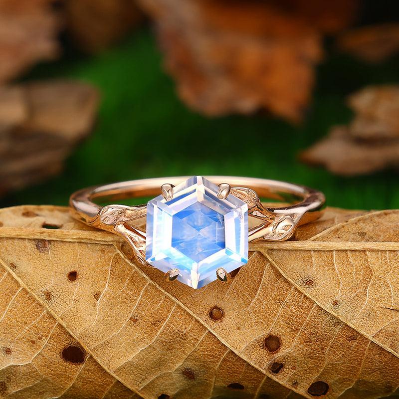 Split Shank 14k Gold Hexagon Cut Leaf Moonstone Ring - Esdomera