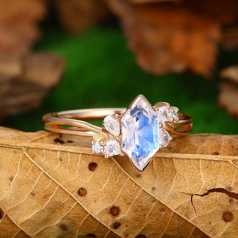 Split Shank 14k Gold Hexagon Shaped Cluster Moonstone Bridal Anniversary Ring - Esdomera