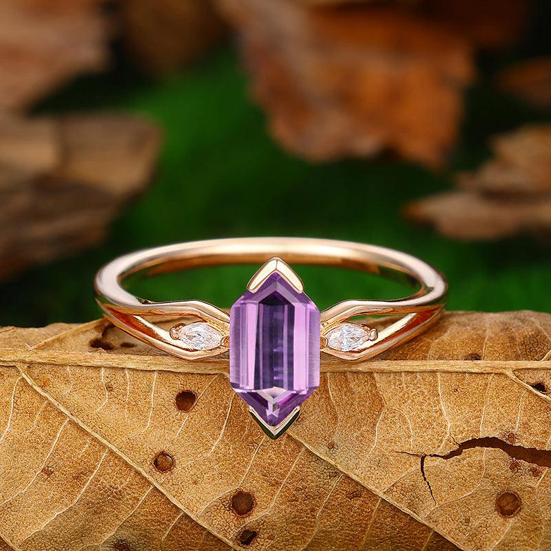 Split Shank 14k Rose Gold Long Hexagon Cut Natural Amethyst Engagement Ring - Esdomera