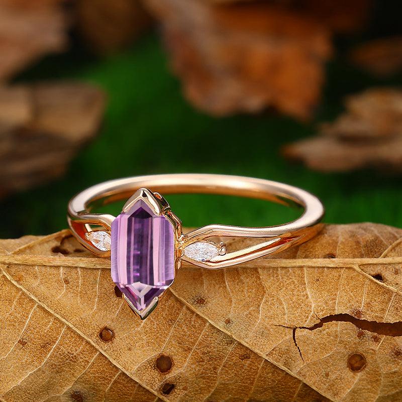 Split Shank 14k Rose Gold Long Hexagon Cut Natural Amethyst Engagement Ring - Esdomera