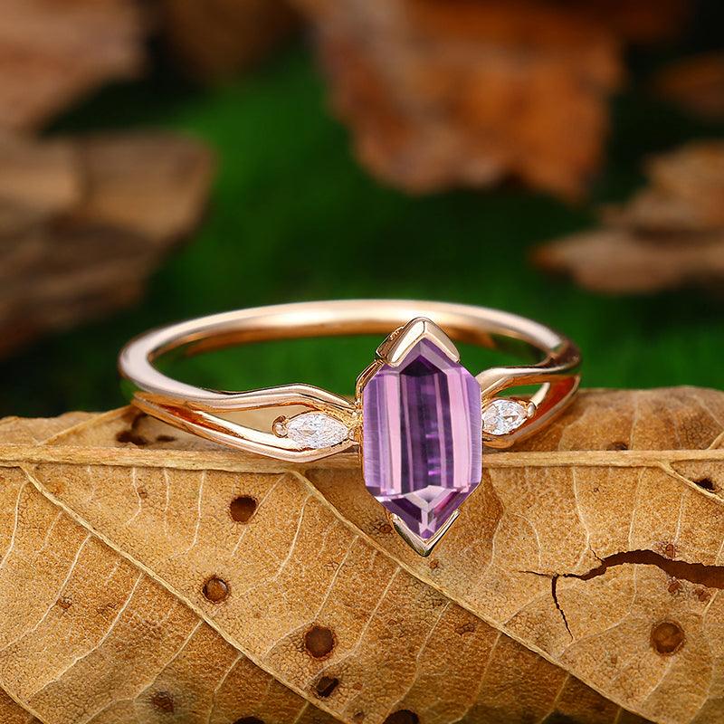 Split Shank 14k Rose Gold Long Hexagon Cut Natural Amethyst