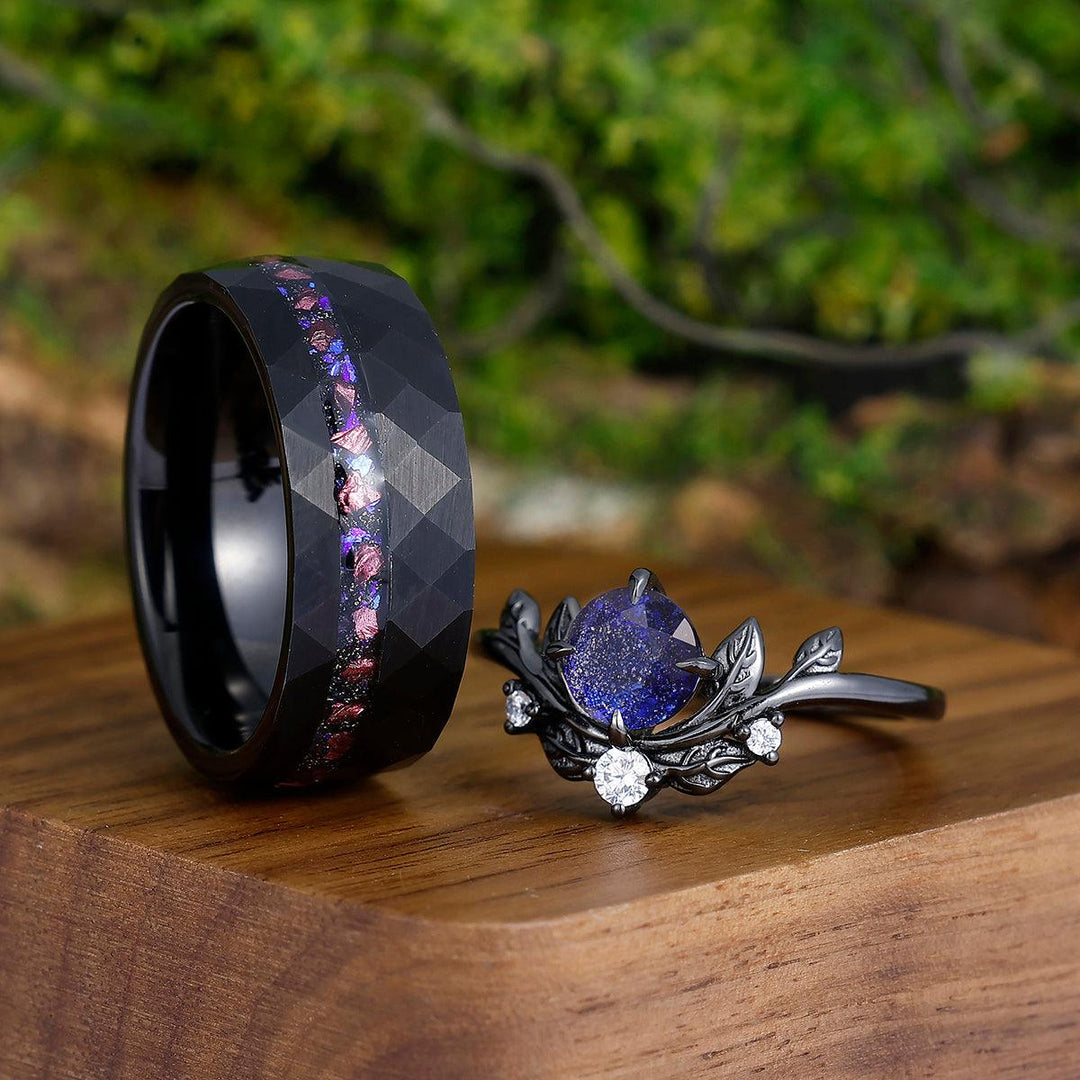 Starry Galaxy Sandstone Leaves Couples Ring Set Blue Purple Hammered Tungsten Personalized Couples' Ring Band - Esdomera