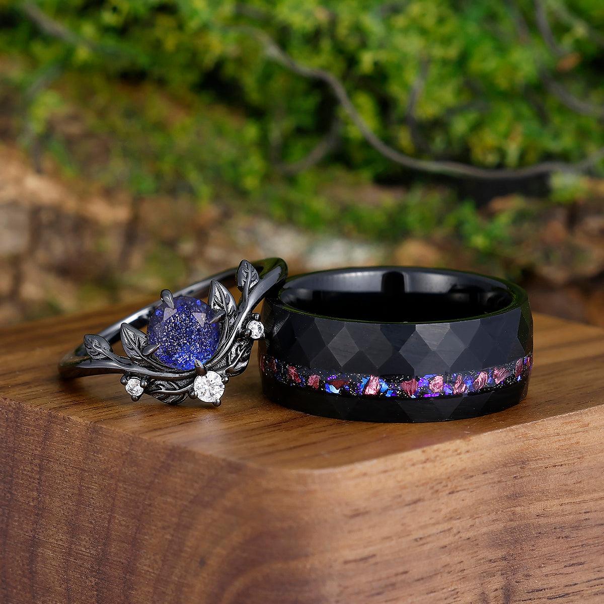 Starry Galaxy Sandstone Leaves Couples Ring Set Blue Purple Hammered T