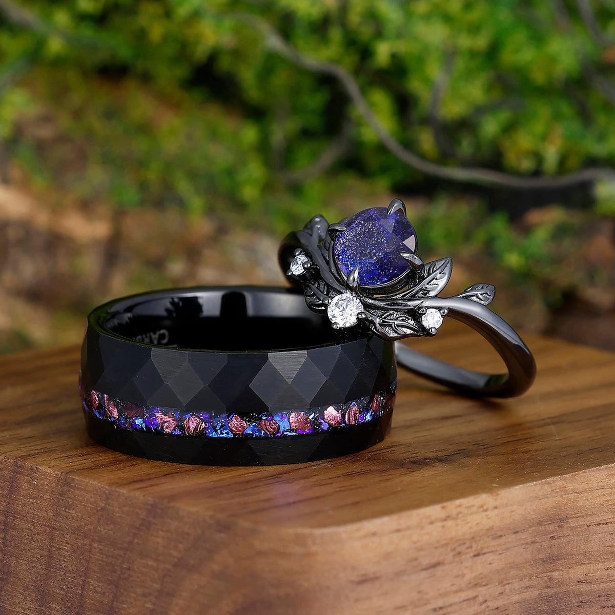 Starry Galaxy Sandstone Leaves Couples Ring Set Blue Purple Hammered T