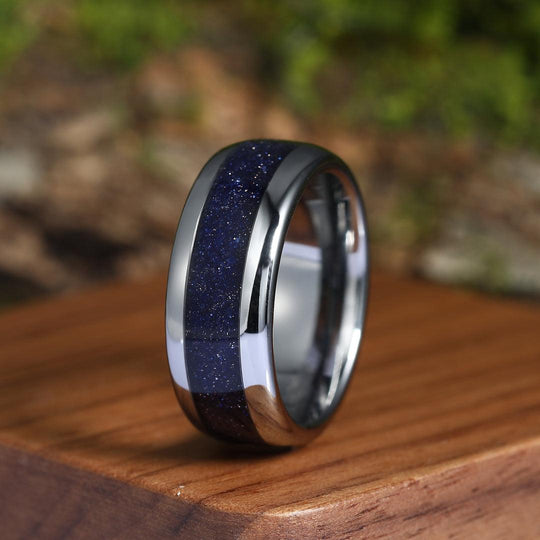 Stunning Blue Gold Sandstone Nebula Tungsten Wedding Band 8mm Polished Dome Ring Men’s Anniversary Ring - Esdomera