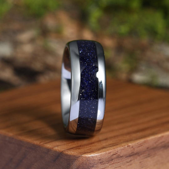 Stunning Blue Gold Sandstone Nebula Tungsten Wedding Band 8mm Polished Dome Ring Men’s Anniversary Ring - Esdomera