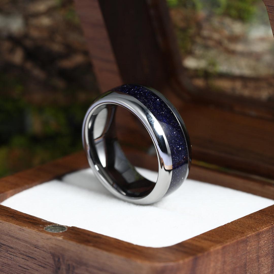 Stunning Blue Gold Sandstone Nebula Tungsten Wedding Band 8mm Polished Dome Ring Men’s Anniversary Ring - Esdomera