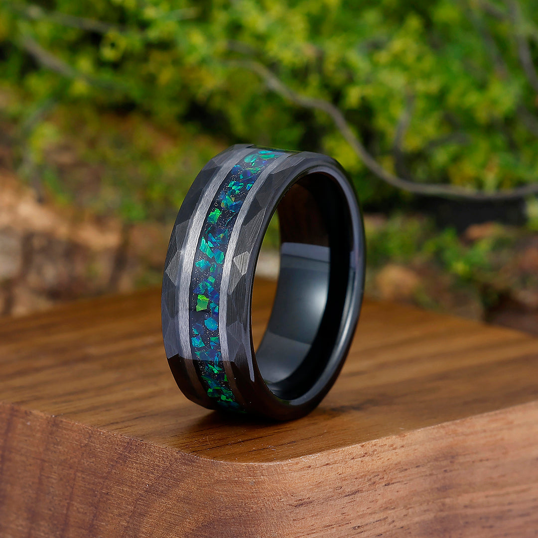 Stylish Men's 8mm Tungsten Ring Peacock Green Opal - Black, Rose Gold, Yellow Gold Anniversary & Promise Band - Esdomera