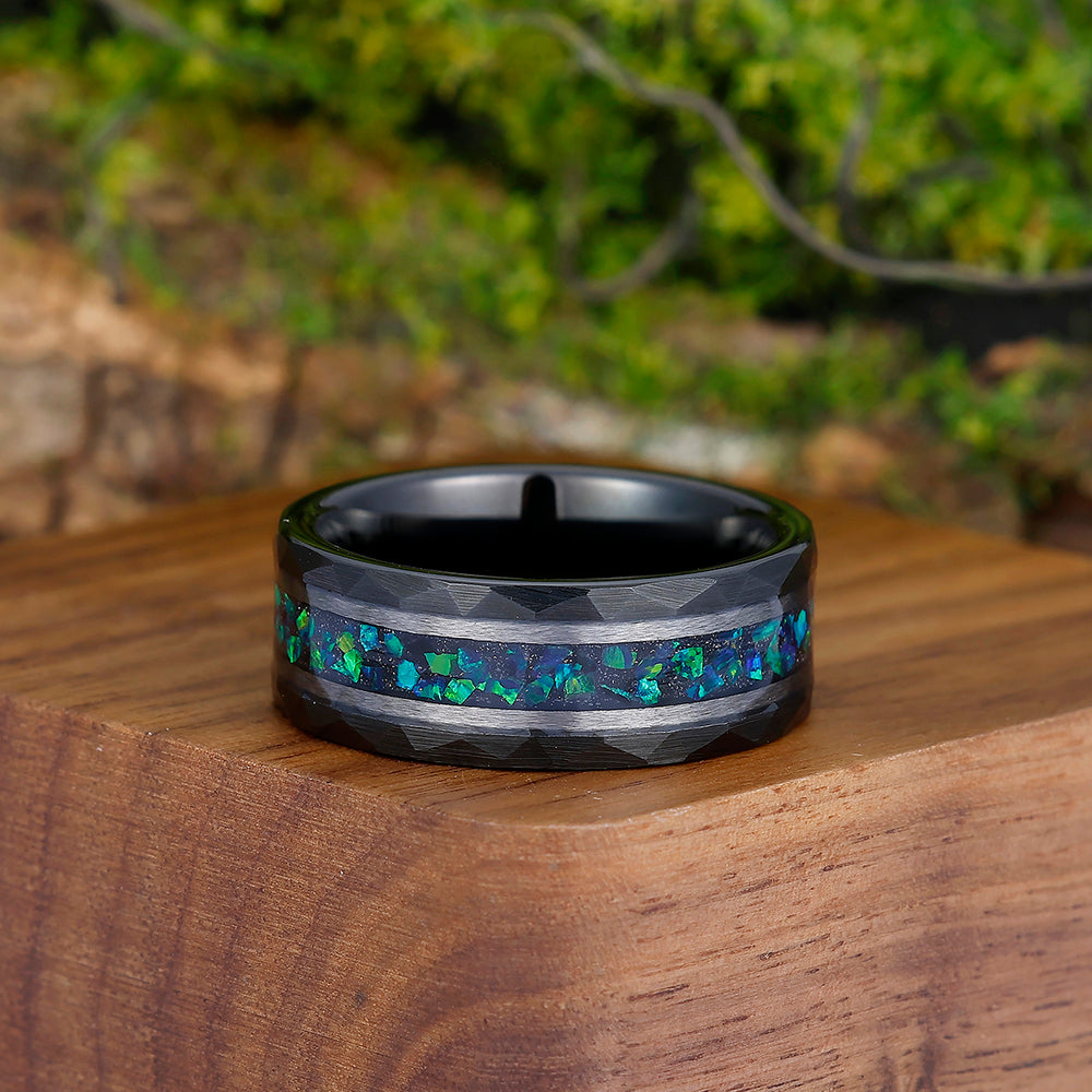 Stylish Men's 8mm Tungsten Ring Peacock Green Opal - Black, Rose Gold, Yellow Gold Anniversary & Promise Band - Esdomera