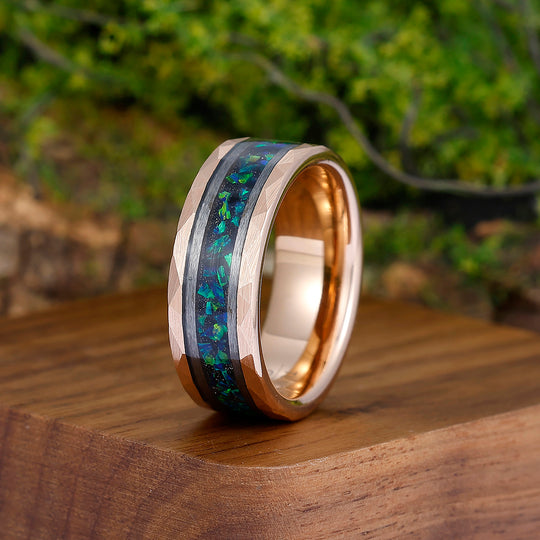 Stylish Men's 8mm Tungsten Ring Peacock Green Opal - Black, Rose Gold, Yellow Gold Anniversary & Promise Band - Esdomera