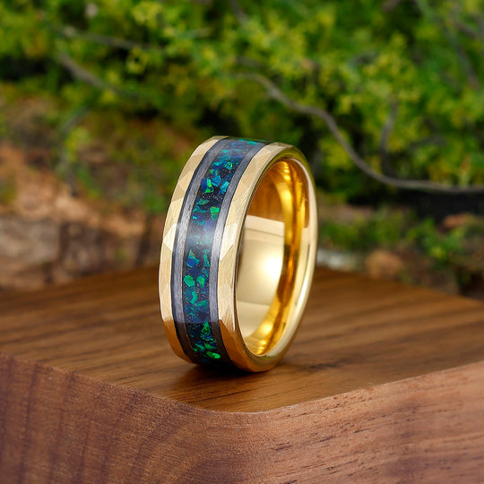 Stylish Men's 8mm Tungsten Ring Peacock Green Opal - Black, Rose Gold, Yellow Gold Anniversary & Promise Band - Esdomera